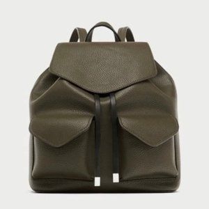 ZARA Khaki Faux Leather Backpack w/ Front Pockets